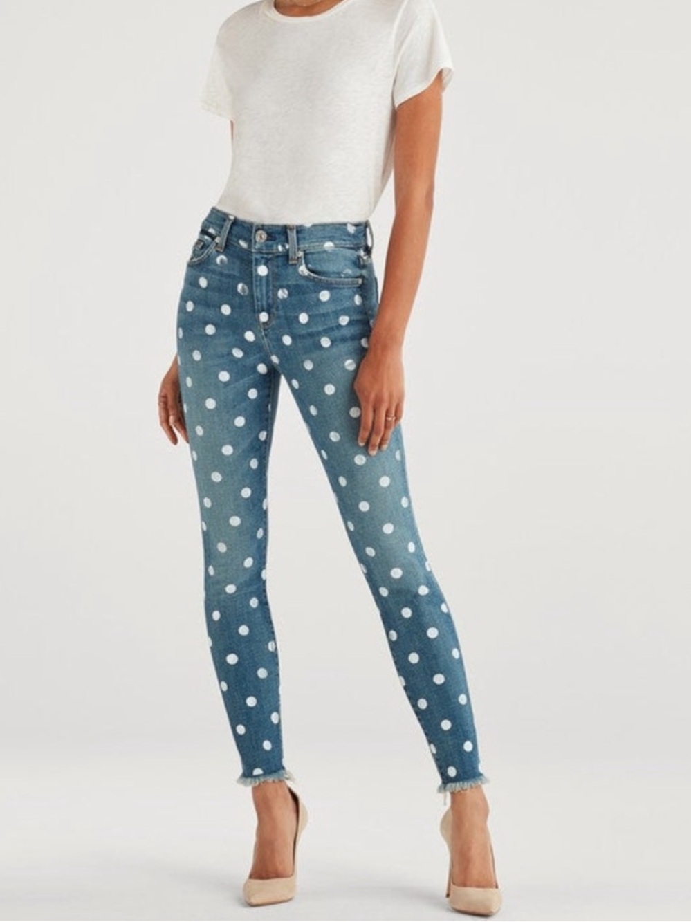 7 For All Mankind High Waist Ankle Skinny Jeans Silver Foil Polka Dot Size 30